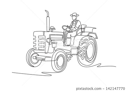 Continuous one line drawing young man wearing hat driving an agricultural tractor. Rural farming activities, field cultivation, and farm machinery. Single line draw design vector graphic illustration Continuous one line drawing young man wearing hat driving an agricultural tractor. Rural farming activities, field cultivation, and farm machinery. Single line draw design vector graphic illustration 142147770
