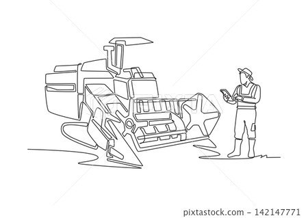 Continuous one line drawing young man working as modern farmer checking digital tablet near large combine harvester, smart agriculture and agronomy. Single line draw design vector graphic illustration Continuous one line drawing young man working as modern farmer checking digital tablet near large combine harvester, smart agriculture and agronomy. Single line draw design vector graphic illustration 142147771