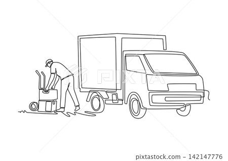 Continuous one line drawing young man courier loading cardboard parcel boxes onto a trolley cart behind a cargo van. Freight delivery and logistics. Single line draw design vector graphic illustration Continuous one line drawing young man courier loading cardboard parcel boxes onto a trolley cart behind a cargo van. Freight delivery and logistics. Single line draw design vector graphic illustration 142147776