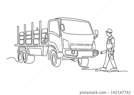 Single one line drawing young man working as engineer holding blueprints near timber cargo truck, logging transport and construction site work. Continuous line draw design graphic vector illustration Single one line drawing young man working as engineer holding blueprints near timber cargo truck, logging transport and construction site work. Continuous line draw design graphic vector illustration 142147781