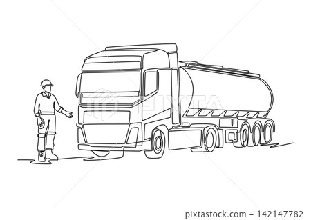 Single continuous line drawing young man driver gesturing toward a heavy fuel tanker truck. Petroleum shipping, chemical delivery, and energy logistic. One line draw graphic design vector illustration Single continuous line drawing young man driver gesturing toward a heavy fuel tanker truck. Petroleum shipping, chemical delivery, and energy logistic. One line draw graphic design vector illustration 142147782