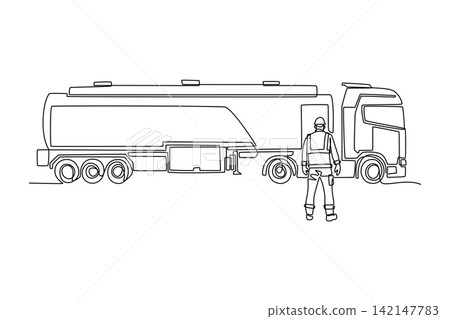 Single continuous line drawing man working as a fuel tanker truck driver standing next to large cargo cistern semi trailer. Liquid petroleum transport. One line draw graphic design vector illustration Single continuous line drawing man working as a fuel tanker truck driver standing next to large cargo cistern semi trailer. Liquid petroleum transport. One line draw graphic design vector illustration 142147783