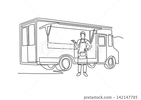 Single continuous line drawing young man wearing apron standing in front of mobile food truck, presenting street culinary business, catering service. One line draw graphic design vector illustration Single continuous line drawing young man wearing apron standing in front of mobile food truck, presenting street culinary business, catering service. One line draw graphic design vector illustration 142147785