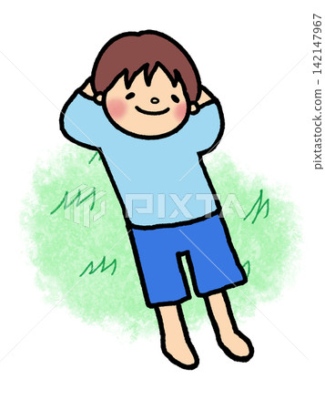 A cute little boy lying down and taking a nap. 142147967