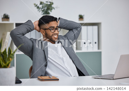 Business man, smile and laptop stretching for financial news, accounting report and proposal. Happy, corporate employee on desk with office computer and achievement for target or relax on break Business man, smile and laptop stretching for financial news, accounting report and proposal. Happy, corporate employee on desk with office computer and achievement for target or relax on break 142148014