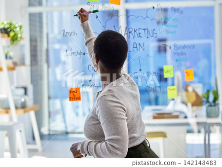Black woman, glass and writing ideas for brainstorming with sticky note, storyboard with marketing plan at startup. Research, information and project timeline with agenda and product promo strategy Black woman, glass and writing ideas for brainstorming with sticky note, storyboard with marketing plan at startup. Research, information and project timeline with agenda and product promo strategy 142148483