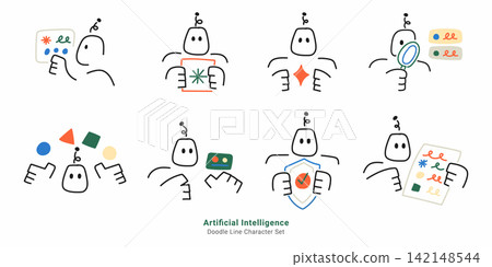 Artificial intelligence and robot technology concepts. Doodle line ai characters generating content, analyzing data, holding shield, and managing code. Artificial intelligence and robot technology concepts. Doodle line ai characters generating content, analyzing data, holding shield, and managing code. 142148544