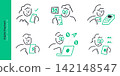 Digital payment and cashless transaction concepts. Doodle line characters scanning qr code, paying with credit card terminal, using mobile banking, and online transfer. 142148547