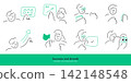 Business success and career growth concepts. Doodle line characters pointing at growth graph, holding flag, looking through binoculars, and checkmark. 142148548