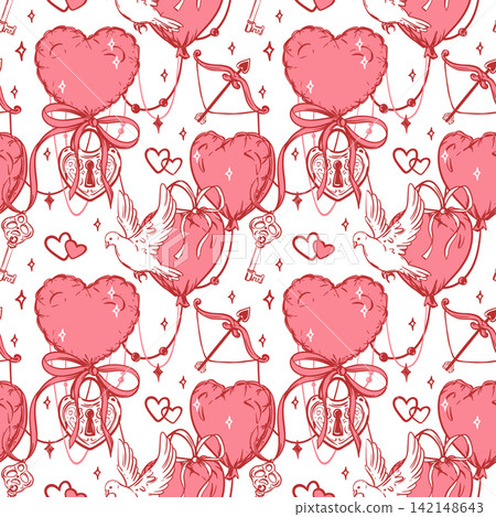 Vector wedding background. Seamless pattern in Coquette style. A heart, Cupid's arrow padlock and key symbol love. Helium balloons for romance. Line sketch. Clipart for Valentine's Day marriages. Vector wedding background. Seamless pattern in Coquette style. A heart, Cupid's arrow padlock and key symbol love. Helium balloons for romance. Line sketch. Clipart for Valentine's Day marriages. 142148643