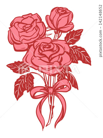 Vector sketch of a pink roses. A stylized bouquet of flower on a stem with leaves, decorated with a bow. The drawing imitates a quick ink sketch. A symbol of love for a retro tattoo in Coquette style. Vector sketch of a pink roses. A stylized bouquet of flower on a stem with leaves, decorated with a bow. The drawing imitates a quick ink sketch. A symbol of love for a retro tattoo in Coquette style. 142148652