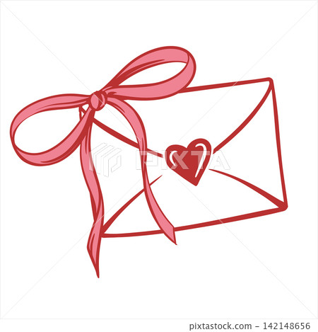 A love letter decorated with a bow. A sealed envelope with a love message. A greeting and declaration of love for Valentine's Day. A flirty ink line illustration. Vector clip art. Coquette sketch. A love letter decorated with a bow. A sealed envelope with a love message. A greeting and declaration of love for Valentine's Day. A flirty ink line illustration. Vector clip art. Coquette sketch. 142148656