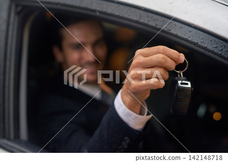 Man, car window and keys as transport service or city chauffeur for work commute, driver or airport. Male person, taxi and downtown in Boston for trip journey with luxury vehicle, travel or rental 142148718