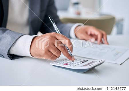 Hands, business man and calculator for finance in office, employee and accountant for planning budget. Male person, fingers and documents for investment profit, paperwork and broker for income tax Hands, business man and calculator for finance in office, employee and accountant for planning budget. Male person, fingers and documents for investment profit, paperwork and broker for income tax 142148777
