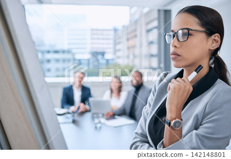 Business people, woman or presentation with thinking, feedback or corporate professional. Group, staff or employee with ideas, brainstorming or teamwork with training, review or b2b deal with meeting 142148801