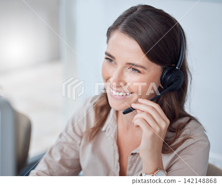 Call center, woman and assistant in office with smile, headset and happy in workplace. Female person, consultant and advisor for support, information and crm with mic for communication in Canada Call center, woman and assistant in office with smile, headset and happy in workplace. Female person, consultant and advisor for support, information and crm with mic for communication in Canada 142148868
