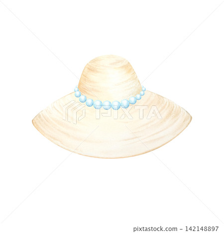 A watercolor illustration of a woven summer hat adorned with blue pearl beads. A women's straw headdress perfect for the beach, vacation, or weekend getaway. This hand drawn sun hat for travel A watercolor illustration of a woven summer hat adorned with blue pearl beads. A women's straw headdress perfect for the beach, vacation, or weekend getaway. This hand drawn sun hat for travel 142148897
