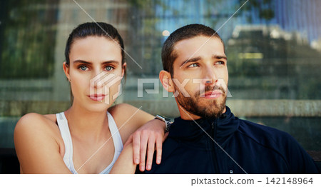 Fitness, break or portrait of couple in city for running workout, training or exercise in London. Sports people, runners or health with man and woman for support, wellness or marathon challenge Fitness, break or portrait of couple in city for running workout, training or exercise in London. Sports people, runners or health with man and woman for support, wellness or marathon challenge 142148964