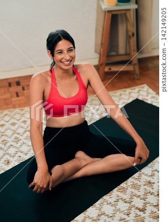 Home, meditation and woman with yoga for fitness, exercise and spiritual inner peace in house. Training, workout and female trainer with physical activity for wellness, mental health and healing Home, meditation and woman with yoga for fitness, exercise and spiritual inner peace in house. Training, workout and female trainer with physical activity for wellness, mental health and healing 142149205