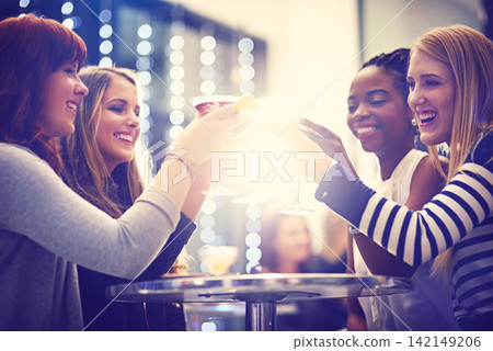 Wine, cocktail and women with club toast, smile or happy hour with bonding drinks. Friends, night and gen z crowd with glass cheers for mojito, party or birthday reunion at a restaurant disco event 142149206