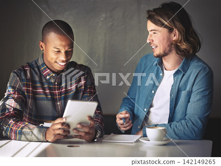 People, tablet and book for meeting in cafe, teamwork and remote work for startup company. Partners, collaboration and journalism in coffee shop, speaking and support on research for online article People, tablet and book for meeting in cafe, teamwork and remote work for startup company. Partners, collaboration and journalism in coffee shop, speaking and support on research for online article 142149265