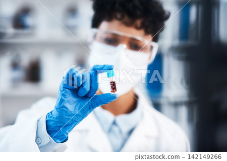 Science, fluid sample and woman in laboratory with face mask for investigation, research or antiaging testing. Biotechnology, cure and person with test tube for analysis, experiment or medical study 142149266