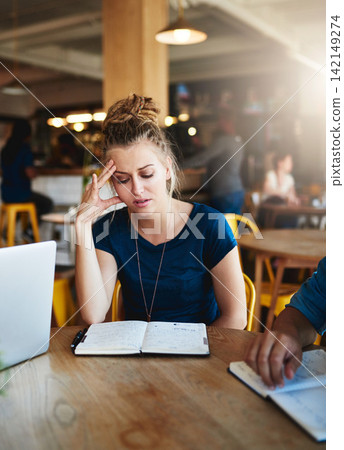 Book, stress and woman with headache at cafe for learning with vertigo, disaster or brain fog at campus cafeteria. University, anxiety or student frustrated by notebook fail, overthinking or deadline 142149274