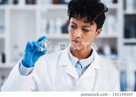 Woman, scientist and blood sample in vial for research, medical study and experiment with test. Lab, investigation and dna, innovation and knowledge with tools for scientific development and analysis Woman, scientist and blood sample in vial for research, medical study and experiment with test. Lab, investigation and dna, innovation and knowledge with tools for scientific development and analysis 142149307