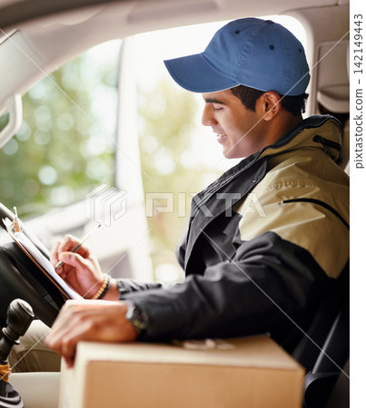 Man, writing and delivery with truck, checklist and schedule or updates on courier service or quality control. Male dispatcher, clipboard and logistics with records or documents for stock inspection. Man, writing and delivery with truck, checklist and schedule or updates on courier service or quality control. Male dispatcher, clipboard and logistics with records or documents for stock inspection. 142149443