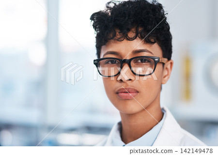 Woman, portrait and scientist lab for medical research with internship for futuristic test, investigation or healthcare. Female person, glasses and face for life extension trail, virus or chemistry Woman, portrait and scientist lab for medical research with internship for futuristic test, investigation or healthcare. Female person, glasses and face for life extension trail, virus or chemistry 142149478
