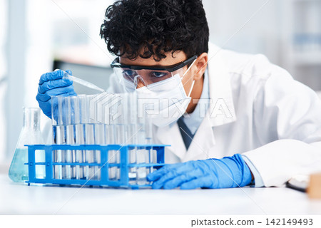 Science, man or test tube for safety or development, pharmaceutical or biotechnology. Male person, research or analysis in laboratory for career with medical, glass or investigation for vaccine 142149493
