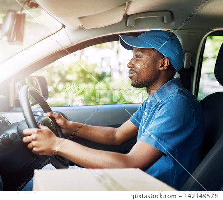 Delivery, black man and box as courier service in transportation for cargo shipping, ecommerce or distribution. Male person, vehicle and online shopping order or logistics worker, parcel or mail Delivery, black man and box as courier service in transportation for cargo shipping, ecommerce or distribution. Male person, vehicle and online shopping order or logistics worker, parcel or mail 142149578
