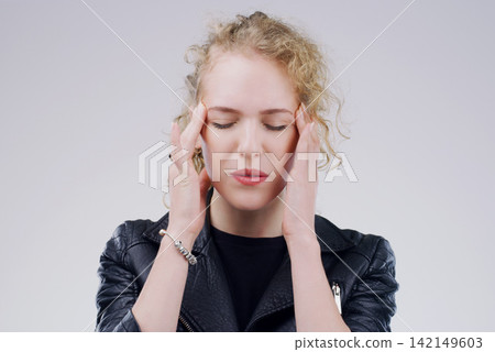 Woman, headache and pain in studio with stress pressure for vertigo fatigue, migraine or burnout. Female person, temple and massage on white background or brain fog tension, anxiety or mockup space Woman, headache and pain in studio with stress pressure for vertigo fatigue, migraine or burnout. Female person, temple and massage on white background or brain fog tension, anxiety or mockup space 142149603