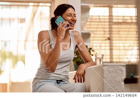 Girl, phone call and laugh for joke in home, talking and funny conversation on weekend. Female person, crazy gossip and communication for humor in story or news, relax and speaking to gen z contact Girl, phone call and laugh for joke in home, talking and funny conversation on weekend. Female person, crazy gossip and communication for humor in story or news, relax and speaking to gen z contact 142149684