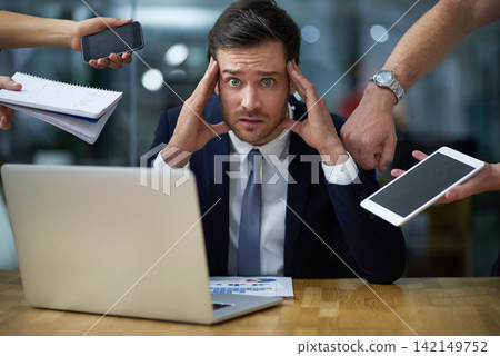 Businessman, employees and chaos or stress in office with deadline, accountability and multitasking by desk. Professional, person and time management with schedule, agenda and overworked in workplace Businessman, employees and chaos or stress in office with deadline, accountability and multitasking by desk. Professional, person and time management with schedule, agenda and overworked in workplace 142149752
