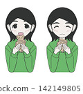 An illustration of a cute girl smiling and enjoying a taiyaki (fish-shaped cake filled with red bean paste). 142149805
