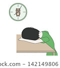 An illustration of a woman slumped over a table, looking at her watch, appearing bored (but eagerly awaiting). 142149806