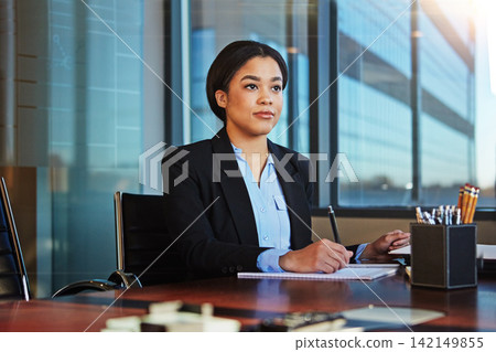 Businesswoman, desk and corporate thinking in office for future planning as tax consultant, vision or professional. Female person, paper and budget proposal or investment career, admin or contemplate 142149855