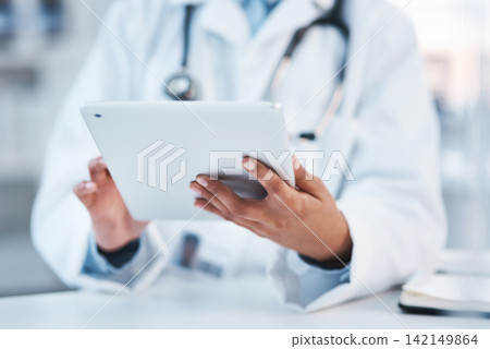 Tablet, hand and doctor in office, clinic and research for healthcare, medical and science for medicine. Pharmacy, online and internet for person in hospital, telehealth and reading of results Tablet, hand and doctor in office, clinic and research for healthcare, medical and science for medicine. Pharmacy, online and internet for person in hospital, telehealth and reading of results 142149864