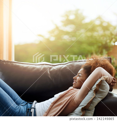 Relax, thinking and woman on sofa in home with tired smile, mindfulness and morning zen in living room. Rest, wellness and happy girl on couch with reflection, inspiration and peace in apartment. Relax, thinking and woman on sofa in home with tired smile, mindfulness and morning zen in living room. Rest, wellness and happy girl on couch with reflection, inspiration and peace in apartment. 142149865