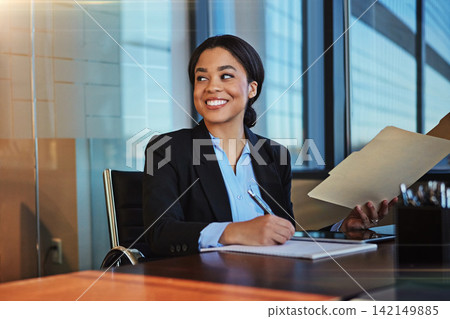 Happy woman, lawyer and writing with documents for finance, legal paperwork or budget planning at office. Female person, financial advisor or accountant taking notes for report or audit at law firm 142149885