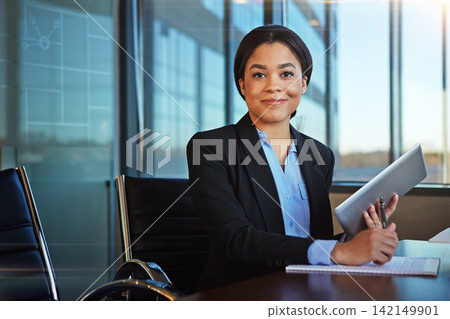 Businesswoman, portrait and office with tablet as corporate professional as budget analyst, investment or research. Female person, face and financial forecasting or project review, planning or report Businesswoman, portrait and office with tablet as corporate professional as budget analyst, investment or research. Female person, face and financial forecasting or project review, planning or report 142149901