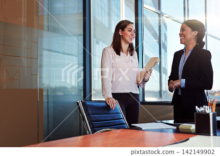 Business, documents or women in office meeting, talking or planning creative project proposal. Financial, report or accountant consulting coworker for company portfolio, budget or expense review 142149902