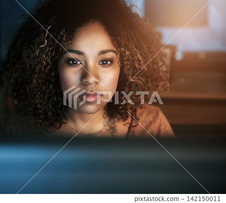 Computer, face and night with black woman programmer in office for web development deadline. Code, programming and software with confident coder in workplace for cyber security of computer system 142150011