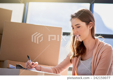 Smile, woman and box with documents in new home for mortgage loan, property agreement and investment. Happy, female person and thinking in house for real estate, relocation or signature and paperwork Smile, woman and box with documents in new home for mortgage loan, property agreement and investment. Happy, female person and thinking in house for real estate, relocation or signature and paperwork 142150077