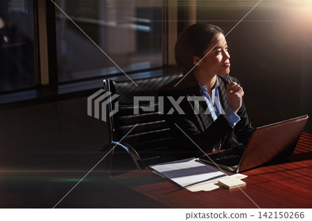Attorney, woman and laptop with thinking in office for case administration, choice and review information for court. Person, lawyer or advocate by computer, notes and documents at commercial law firm Attorney, woman and laptop with thinking in office for case administration, choice and review information for court. Person, lawyer or advocate by computer, notes and documents at commercial law firm 142150266
