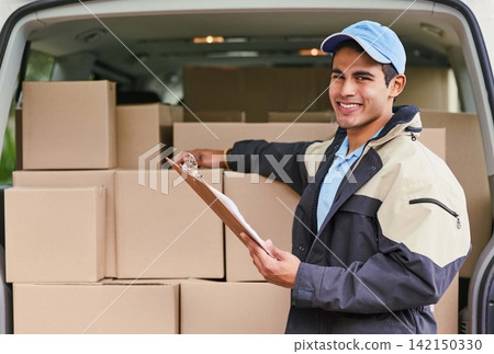 Man, portrait and delivery with van, clipboard and invoice or updates on courier service or quality control. Male dispatcher, checklist and logistics with records or documents for stock inspection. Man, portrait and delivery with van, clipboard and invoice or updates on courier service or quality control. Male dispatcher, checklist and logistics with records or documents for stock inspection. 142150330
