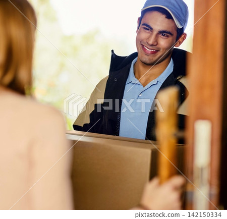 Man, courier and package for delivery by home of online shopping, ecommerce and equipment for house decor. Girl, male dispatcher and parcel for transmission or distribution and product order. Man, courier and package for delivery by home of online shopping, ecommerce and equipment for house decor. Girl, male dispatcher and parcel for transmission or distribution and product order. 142150334