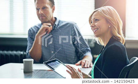 Meeting, research and woman typing on tablet with notes, app or online planner in office. Happy, business people and tech for writing teamwork agenda, reminder or project manager planning an idea Meeting, research and woman typing on tablet with notes, app or online planner in office. Happy, business people and tech for writing teamwork agenda, reminder or project manager planning an idea 142150425