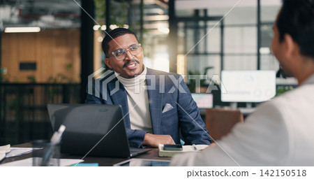 Happy, businessman or discussion with laptop for project proposal or planning together in office. Man, employee or conversation with smile or colleague on computer for company agenda, tasks or ideas Happy, businessman or discussion with laptop for project proposal or planning together in office. Man, employee or conversation with smile or colleague on computer for company agenda, tasks or ideas 142150518